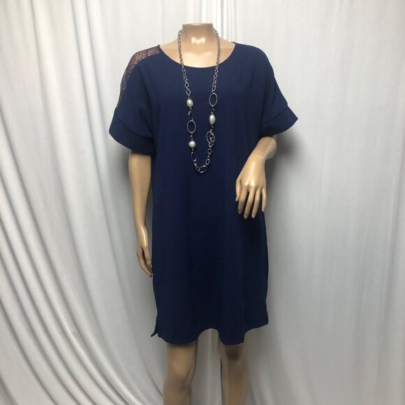 Laklook Dress Womens Size Large Navy Blue Sheer Lace Shoulder Shift NEW - Picture 1 of 7